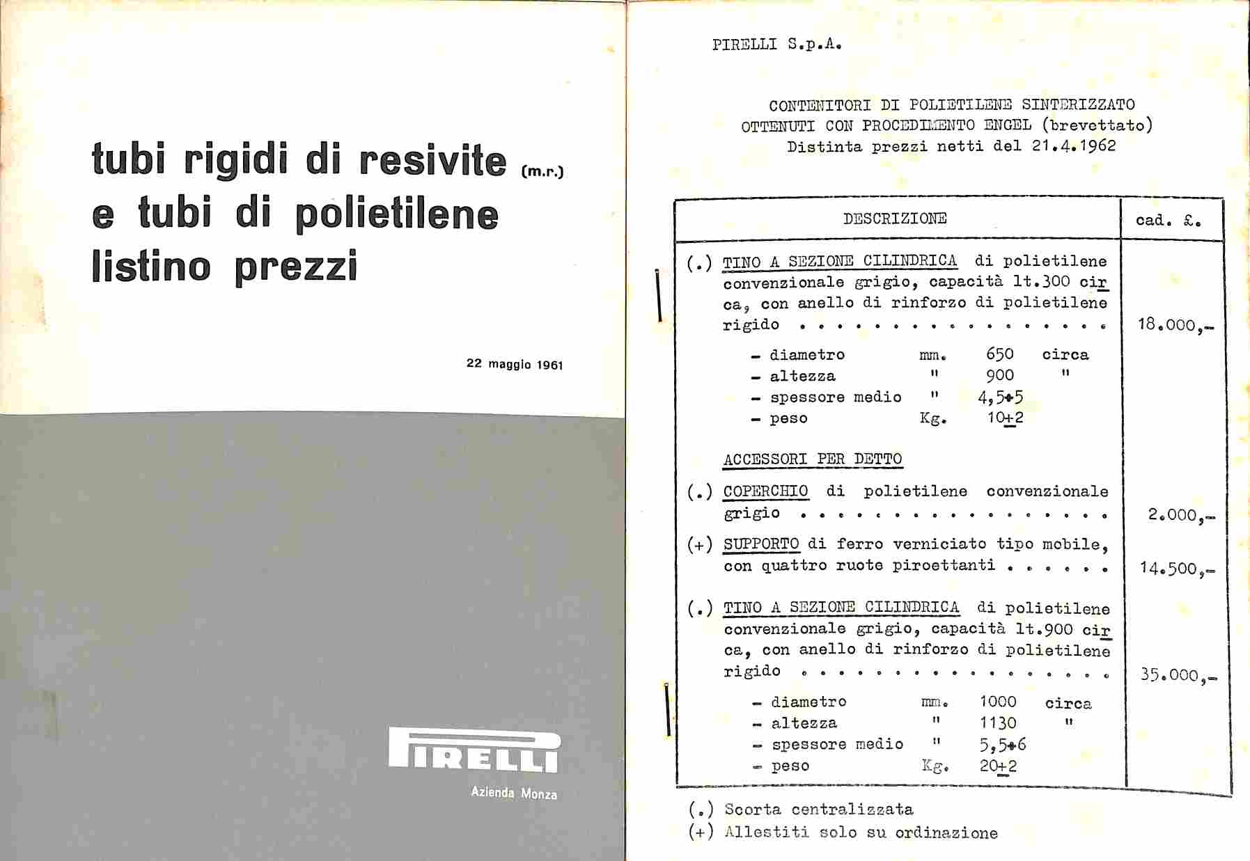 Tubi rigidi di resivite e tubi di polietilene. Listino prezzi 22 maggio 1961